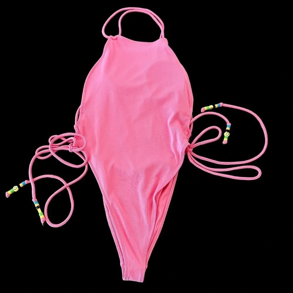 NWT Forever 21 Size Small Pink Ribbed High Cut Leg Tie One Pieceβ Swimsuit Beads